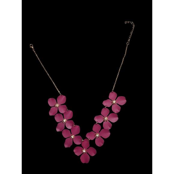 Red Maroon Metallic Floral Fashion NeckLace With Crystal Detail 19 Inches - Picture 1 of 6